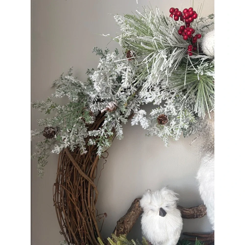 Woodland Owl Christmas Wreath Frosted Pinecone Berry Grapevine‎ Holiday Decor